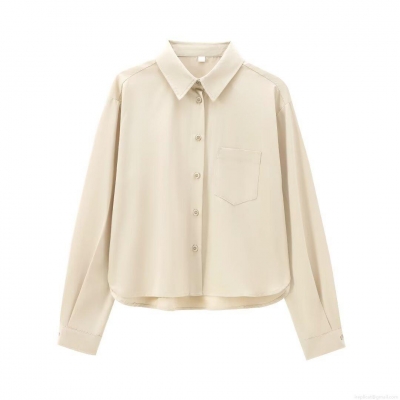 Women's Long Sleeve Button Down Polyester Twill Shirt Elegant Solid Color Lapel Collar Blouse With Pocket Casual Office Work Tops