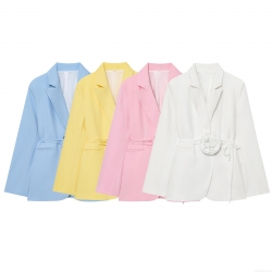 Women's Elegant 3D Rose Flower Decoration Blazer 100% Polyester Lace Up Waist Long Sleeve Suit Jacket For Casual Office Wear Party Ladies Fashion Outerwear