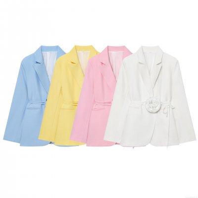 Women's Elegant 3D Rose Flower Decoration Blazer 100% Polyester Lace Up Waist Long Sleeve Suit Jacket For Casual Office Wear Party Ladies Fashion Outerwear