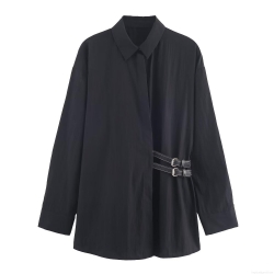 Women's Long Sleeve Shirt Nylon Cotton Blend Poplin Blouse With Side Metal Buckle Straps Fashion Casual Solid Color Top For Ladies