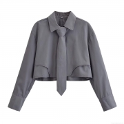 Women's Cropped Long Sleeve Polyester Shirt With Matching Tie Solid Deep Space Grey Blouse Modern Preppy Style Top For Office Daily School