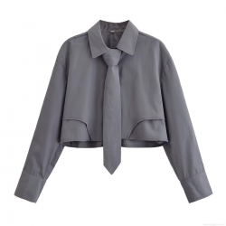 Women's Cropped Long Sleeve Polyester Shirt With Matching Tie Solid Deep Space Grey Blouse Modern Preppy Style Top For Office Daily School