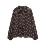 Women's Retro Polka Dot Chiffon Blouse With Big Bow Tie Neck Long Lantern Sleeve Pullover Shirt Elegant Casual Top For Office Dating