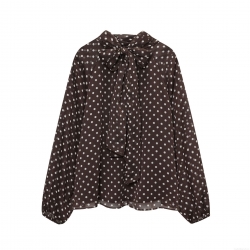 Women's Retro Polka Dot Chiffon Blouse With Big Bow Tie Neck Long Lantern Sleeve Pullover Shirt Elegant Casual Top For Office Dating