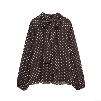Women's Retro Polka Dot Chiffon Blouse With Big Bow Tie Neck Long Lantern Sleeve Pullover Shirt Elegant Casual Top For Office Dating