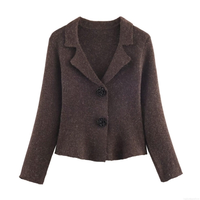 French Vintage Knitted Blazer Jacket With Floral Jewelry Buttons Solid Coffee Brown Lapel Long Sleeve Short Outerwear For Women