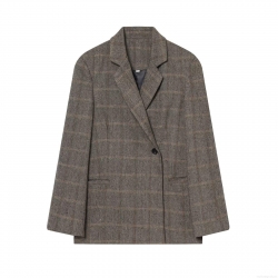 Women's Plaid Blazer Herringbone Tweed Jacket Single Breasted V-Neck Loose Fit Commuter Outerwear For Office Lady Elegant Casual Coat