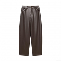 Women's High Waist Faux Leather Wide Leg Pants Casual Deep Brown PU Trousers Fashion Solid Color Loose Long Pants For Women Streetwear