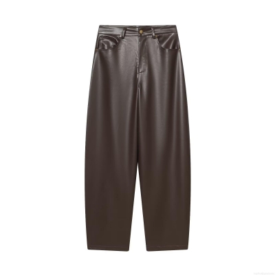Women's High Waist Faux Leather Wide Leg Pants Casual Deep Brown PU Trousers Fashion Solid Color Loose Long Pants For Women Streetwear