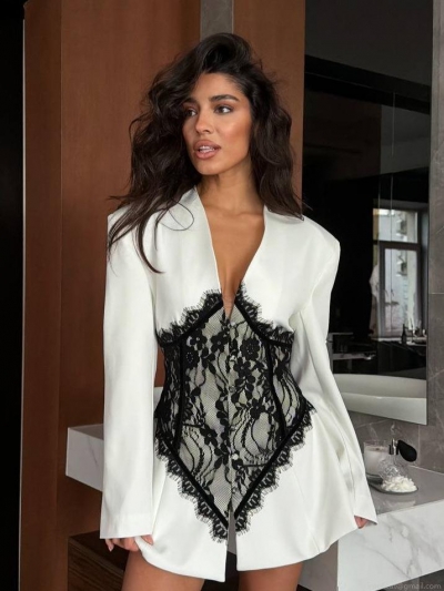 Women\'s Sexy Lace Patchwork Blazer Jacket Polyester Lace Trim Slim Fit Long Sleeve V Neck Suit Dress For Party Fashion Streetwear