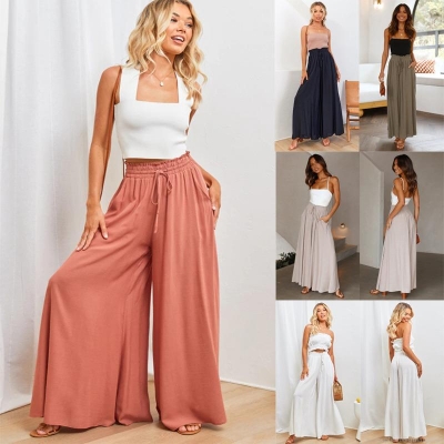 Women High Waisted Wide Leg Pants Loose Drawstring Elastic Waist Trousers Casual Beach Vacation Palazzo Pants With Pockets Solid Print Summer Fashion