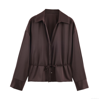 Women's Satin Blouse V-Neck Puff Sleeve Drawstring Waist Solid Color Elegant Silk Texture Top For Office Daily Casual Wear Sophisticated Shirt