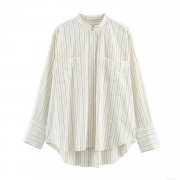 Women's Casual Striped Shirt Loose Polyester Mandarin Collar Long Sleeve Top With Front Pockets High-Low Hem Minimalist Style Blouse For Women Daily Wear