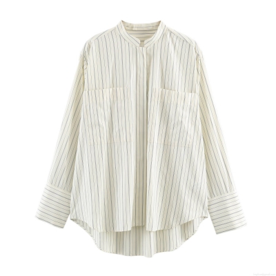 Women's Casual Striped Shirt Loose Polyester Mandarin Collar Long Sleeve Top With Front Pockets High-Low Hem Minimalist Style Blouse For Women Daily Wear