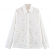 Women's French Romantic White Embroidered Blouse Hollow Out Long Bubble Sleeve Shirt Turn Down Collar Elegant Loose A-Line Top For Ladies
