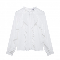 Women Elegant White Chiffon Blouse Long Sleeve Ruffle Stand Collar Lace Stitching Loose Fit Office Commuting Tops Casual Solid Shirt