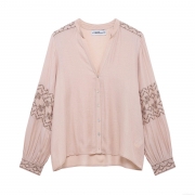 Women's Retro V-Neck Long Sleeve Blouse Vintage Floral Embroidery Loose Fit Polyester Top Elegant Casual Shirt For Ladies Spring Autumn