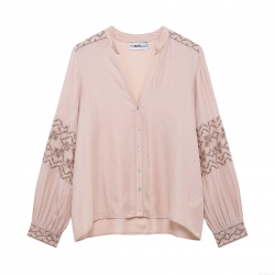 Women's Retro V-Neck Long Sleeve Blouse Vintage Floral Embroidery Loose Fit Polyester Top Elegant Casual Shirt For Ladies Spring Autumn