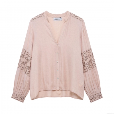 Women's Retro V-Neck Long Sleeve Blouse Vintage Floral Embroidery Loose Fit Polyester Top Elegant Casual Shirt For Ladies Spring Autumn