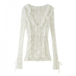 Sexy Lace V Neck Blouse Women Ruffle Bowknot Tie Front Long Sleeve Tops Elegant Sheer Polyester Flower Lace Shirt For Party Dating Summer