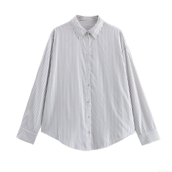Women's Striped Long Sleeve Shirt Lapel Neck Button Down Blouse Office Commuting Loose Fit Casual Top Polyester Comfortable Breathable Shirt