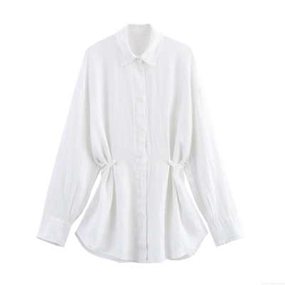Women's Loose Linen Blend Long Sleeve Shirt Casual Breathable Adjustable Drawstring Waist Button Down Blouse Top for Daily Wear