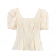 French Retro Lace Blouse With 3D Butterfly Appliques Square Neck Puff Sleeve Mesh Top For Women Sweet Elegant Summer Party Shirt
