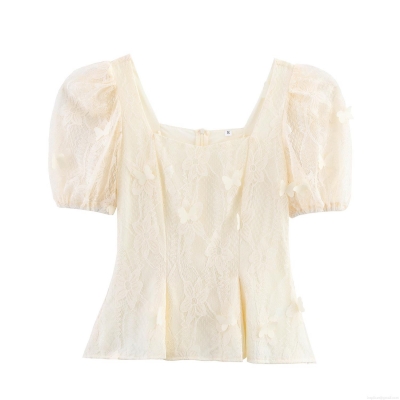 French Retro Lace Blouse With 3D Butterfly Appliques Square Neck Puff Sleeve Mesh Top For Women Sweet Elegant Summer Party Shirt