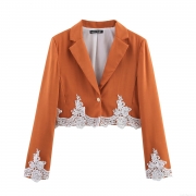 Women's Elegant British Style Short Blazer Jacket With White Lace Stitching Notched Lapel Long Sleeve Single Gold Button Solid Color Office Commute Coat