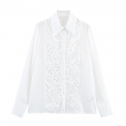 Women's White Lace Patchwork Shirt Long Sleeve Turn-Down Collar Loose Blouse Polyester Office Commuter Top Solid Color Embroidery Elegant Fashion Clothing