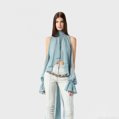 French Elegant Chiffon Blouse Pleated Sleeveless Halter Top with Back Bow Tie-up Loose Breathable Lightweight Summer Shirt for Women