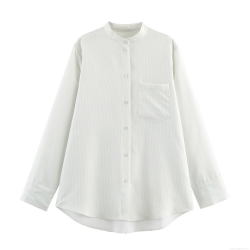 Women Striped Blouse Shirt Long Sleeve Tencel Blend Stand Collar Button Down Casual Streetwear Tops With Chest Pocket For Daily Fashion Lady