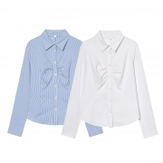 Women's Ruched Long Sleeve Shirt Slim Fit Waist-Cinching Cotton Blend Striped Solid Blouse Lapel Neck Office Lady Casual Autumn Tops
