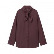 Women's Long Sleeve Polyester Shirt Elegant Bow Tie Neck Button Down Blouse For Office Daily Party European Streetwear Solid Tops