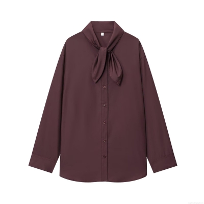 Women's Long Sleeve Polyester Shirt Elegant Bow Tie Neck Button Down Blouse For Office Daily Party European Streetwear Solid Tops