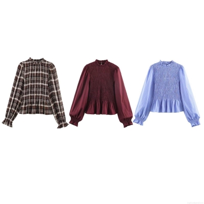 Women's Smocking Ruffled Stand Collar Blouse Lantern Sleeve Plaid Striped Solid Color Shirt Retro Victorian Style Smocked Top For Casual Office