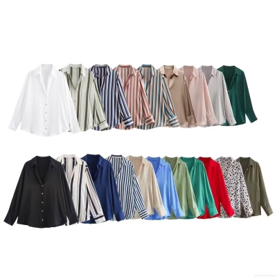 Women Elegant Satin Silk Long Sleeve Blouse Fashion Button Down Shirt Office Commute Casual Top Plain Striped Leopard Print Shirt for Ladies