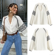 Women's Bohemian Ethnic Geometric Embroidery Blouse 100% Polyester Long Sleeve V Neck Single Breasted Loose Casual Vacation Top For Ladies