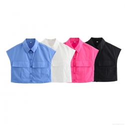 Women Summer Solid Color Sleeveless Shirt Vest Polyester Lapel Big Double Pockets Single Breasted Short Crop Top Casual Streetwear Style