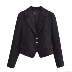 Women's Slim Fit Tweed Blazer Jacket With Gold Buttons Elegant Long Sleeve Business Casual Office Party Outerwear For Ladies