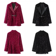 Women's Fashion Sequin Blazer Long Sleeve Jacket With PU Leather Lapel And Belt Deep Red Black Shiny Coat For Party Streetwear