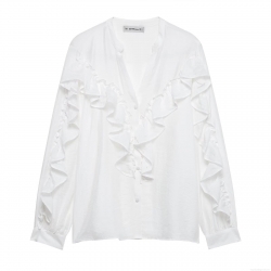 Women's V-Neck Ruffle Layered Blouse Long Sleeve White 100% Polyester Shirt Loose Fit Casual Streetwear Tops For Daily Dating Ladies Fashion Blouse