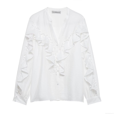 Women's V-Neck Ruffle Layered Blouse Long Sleeve White 100% Polyester Shirt Loose Fit Casual Streetwear Tops For Daily Dating Ladies Fashion Blouse