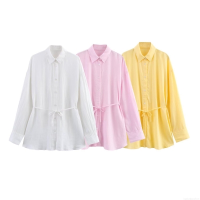 Women's Loose Linen Polyester Blend Long Sleeve Shirt Solid Color Casual Tie Waist Button Down Blouse Lapel Tops For Streetwear Office