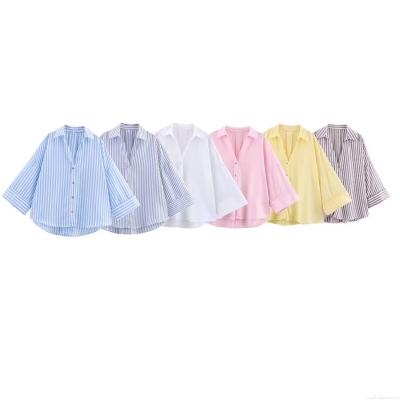 Women's Casual Linen Blend V-Neck Striped Blouse Loose Fit Button Down 3/4 Sleeve Shirt Office Lady Solid Color Summer Streetwear Tops