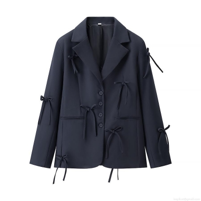 Women Bowknot Decorated Blazer Jacket Loose Fit Single Breasted Polyester Long Sleeve Lapel Coat For Office Streetwear Casual Autumn Spring