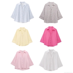 Women's Casual Polyester Slub Fabric Blouse Loose Fit Button Up Shirt Solid Color And Striped Streetwear Summer Top For Ladies