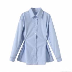 Women Elegant Light Blue Long Sleeve Button Down Shirt Pleated Slim Fit Blouse 2025 Summer Western Style Office Commute Casual Tops