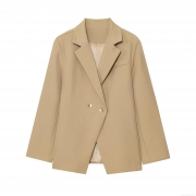 Women's Khaki Double Breasted Notched Lapel Blazer Jacket Loose Fit Long Sleeve Polyester Office Lady Casual Streetwear Outwear
