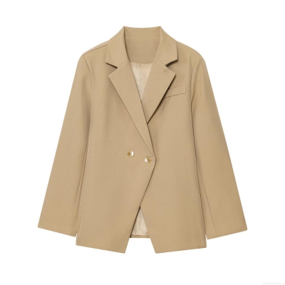 Women's Khaki Double Breasted Notched Lapel Blazer Jacket Loose Fit Long Sleeve Polyester Office Lady Casual Streetwear Outwear